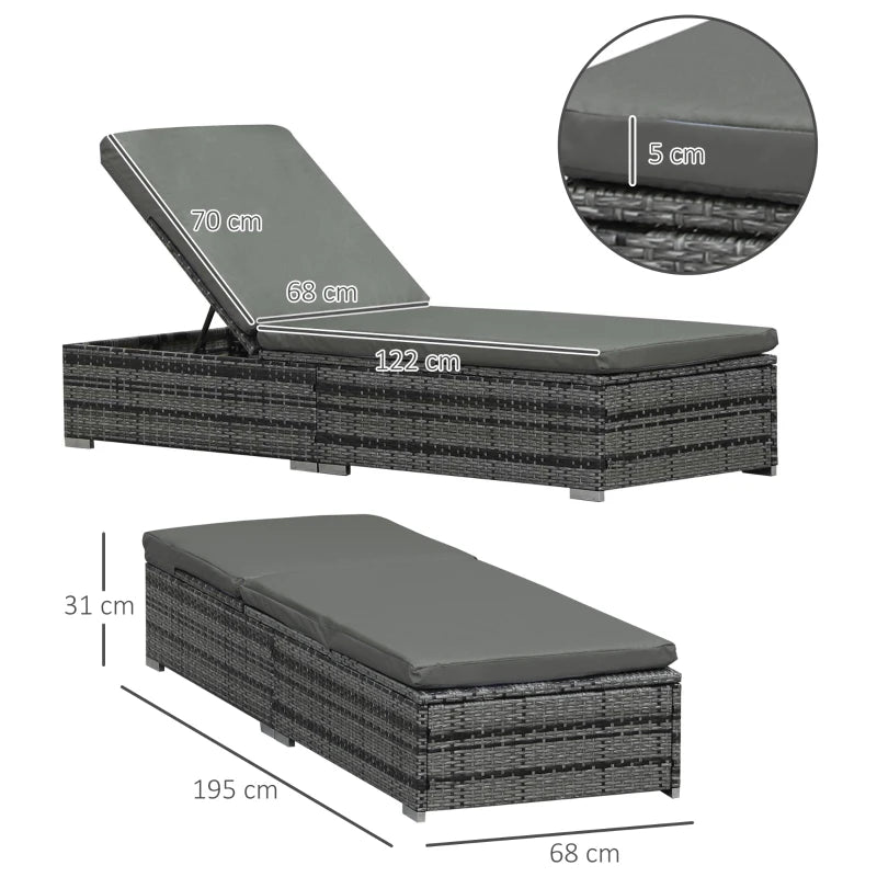 Grey Rattan Sun Loungers Set of 2 with Cushion and Recliner Backrest