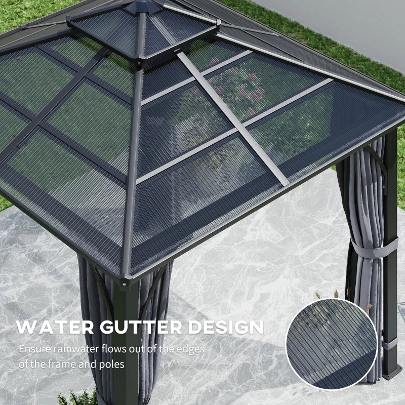 Dark Grey 3m x 3m Hardtop Gazebo - 7mm Double Polycarbonate Roof, Permanent Pavilion with Mosquito Netting and Curtains for Patio and Deck