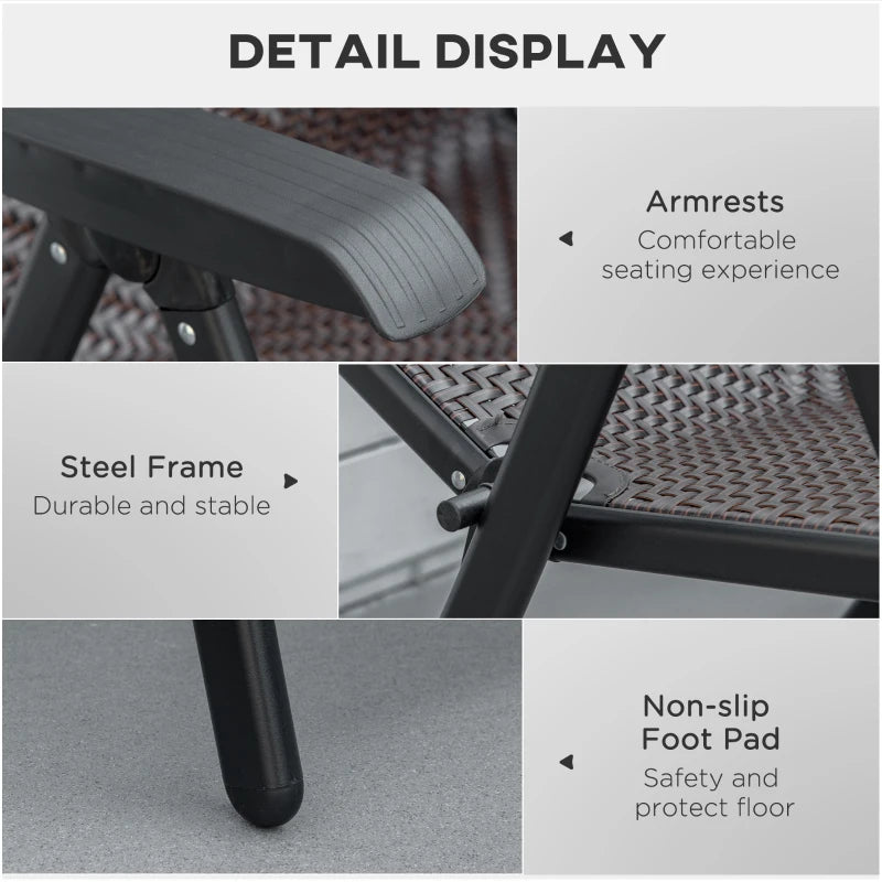 Set of 2 Adjustable Folding Garden Chairs - 7-Position Recline, Brown Outdoor Seating for Patio & Deck