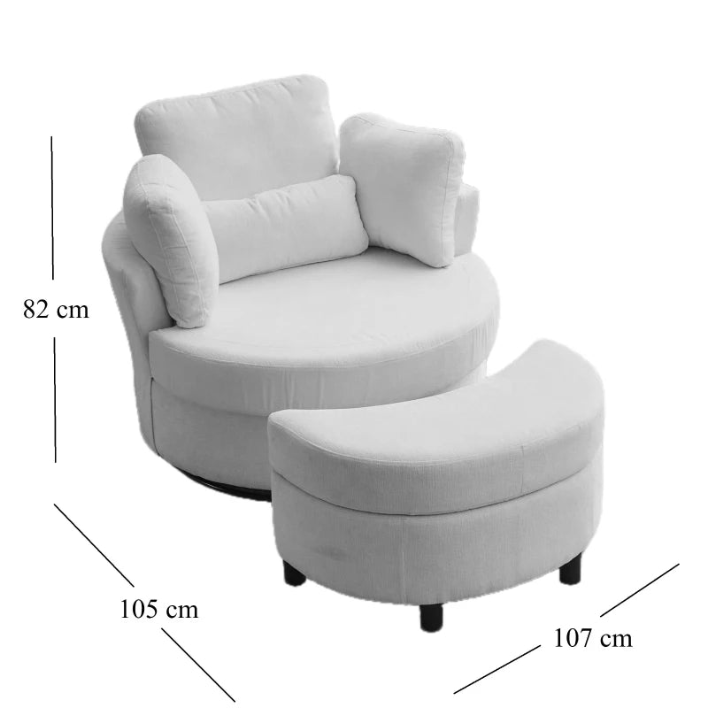 Stylish Grey Chenille Swivel Armchair with 3 Back Cushions and Crescent Ottoman Stool, 360° Rotation, 107L x 105W x 82H cm