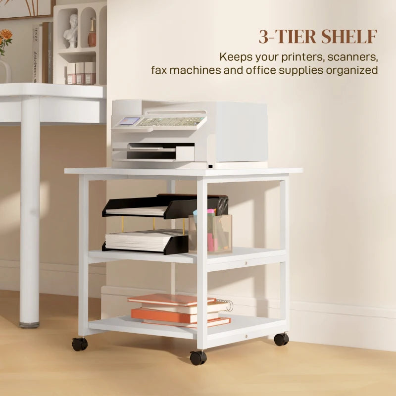 Three-Tier White Steel Printer Stand on Wheels - Mobile Storage Solution for Home Office & Workspace Organization