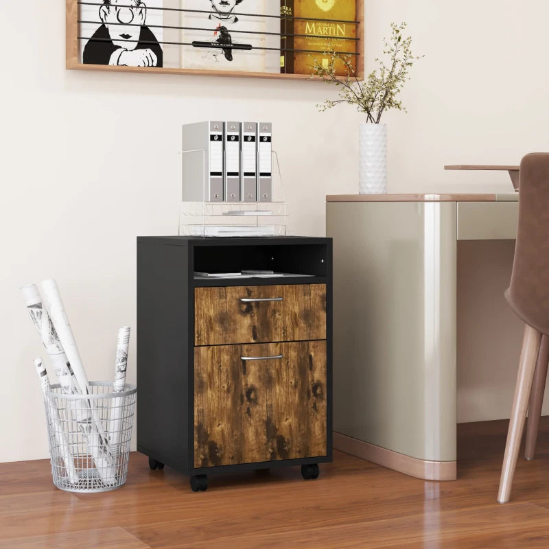 60cm Rustic Brown Filing Cabinet with Drawer & Open Shelf, Mobile Office Organizer on 4 Wheels, Metal Handles