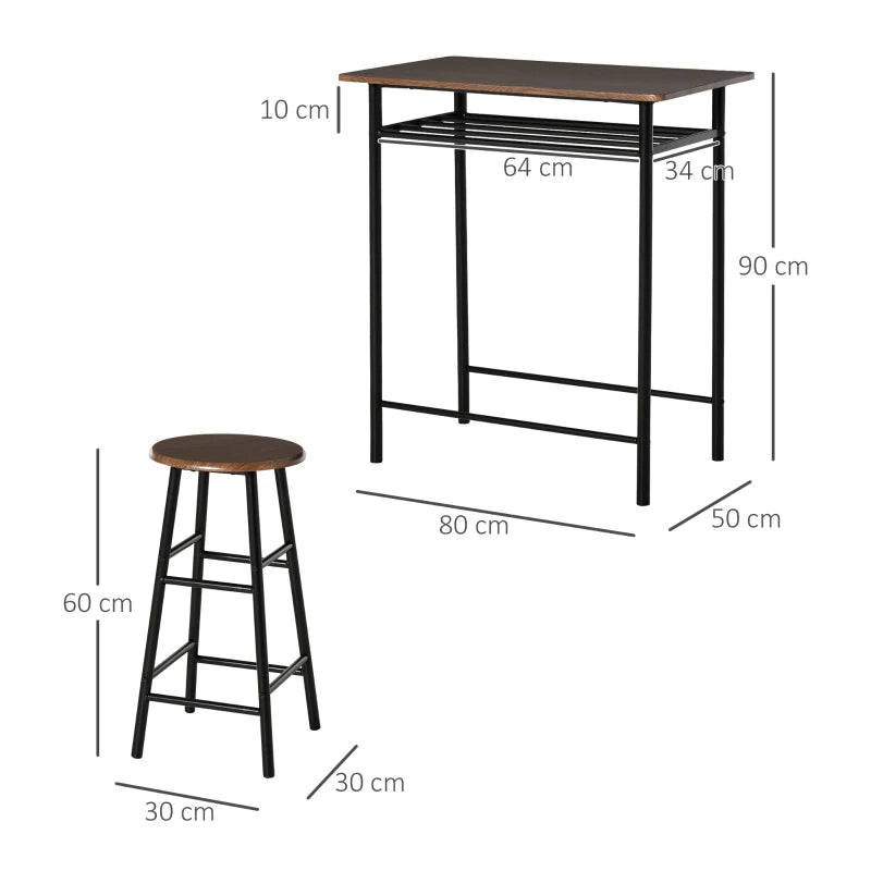 Stylish Black and Oak Bar Table Set with Stools, Footrest & Storage Shelf for Kitchen, Dining Room, Pub, Cafe