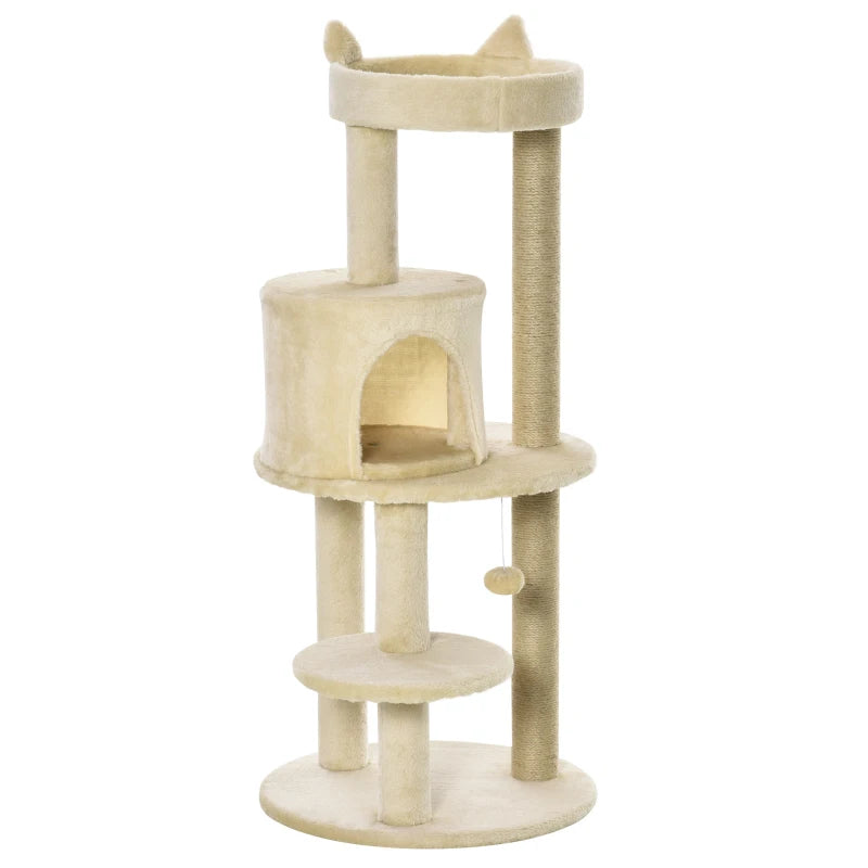 104 cm Cat Tree Condo Tower - Plush Perch, Scratching Posts & Hanging Ball - Cream White Activity Centre for Cats