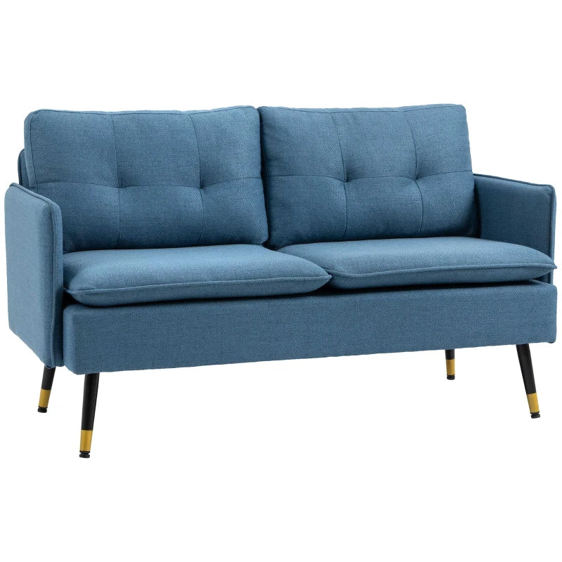 Modern Button Tufted Two Seater Sofa with Cushions and Steel Legs for Living Room, Dark Blue