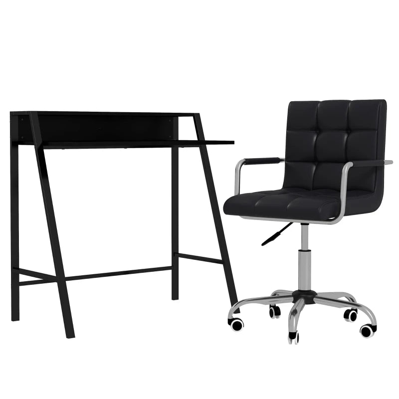Home Office Chair and Desk Set - Faux Leather Swivel Chair with Storage Shelf, Black Study Desk for Comfort & Style