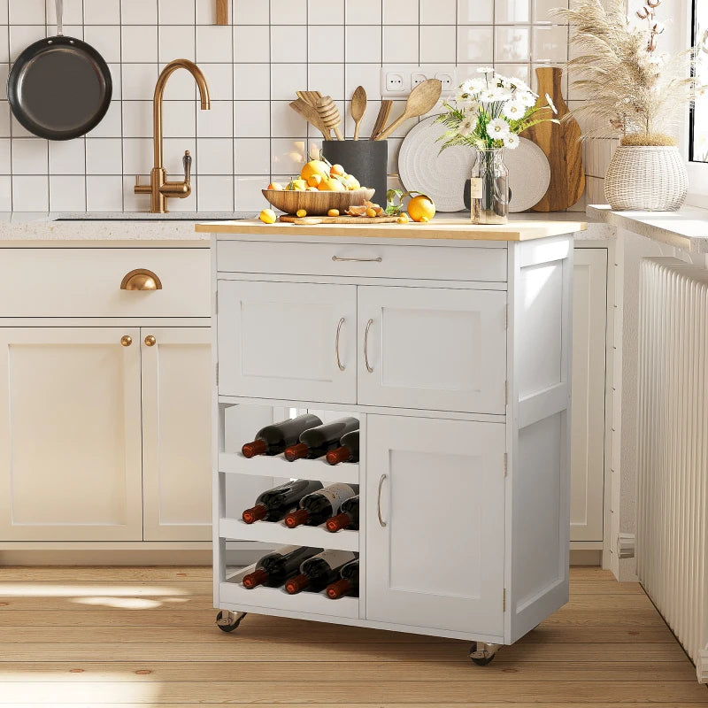 Modern Kitchen Trolley - Rolling Storage Cart with Drawer, 9-Bottle Wine Rack, Door Cabinets & Wooden Countertop in White