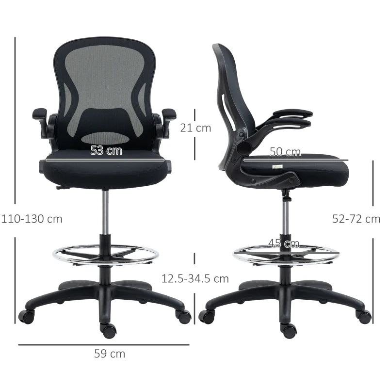 Vinsetto Adjustable Mesh Standing Desk Chair - Ergonomic with Flip-up Armrests, Lumbar Support & Adjustable Footrest - Black