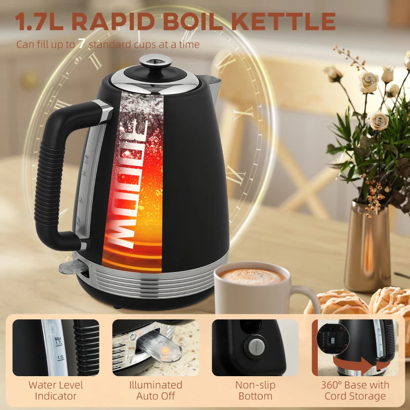 Stainless Steel Kettle & Toaster Set - 1.7L Rapid Boil Jug Kettle with Strix Thermostat & 4 Slice Toaster - Black/Silver