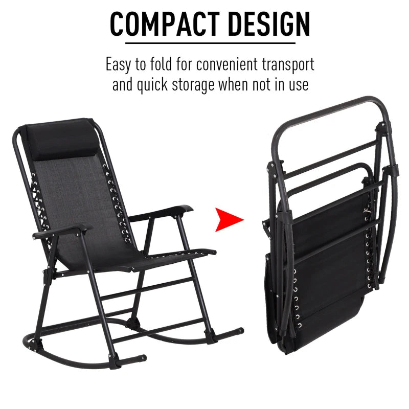 Black Folding Rocking Chair with Headrest for Outdoor Use