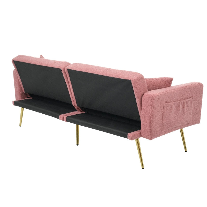 Adjustable Backrest Sofa Bed with Gold Legs and Side Pockets, Sherpa Fabric, Pink, 176L x 64W x 75H cm