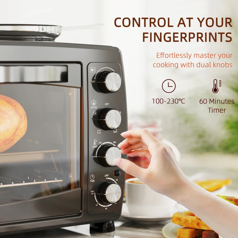 36L Electric Countertop Toaster Oven with 2 Hot Plates, Timer, Adjustable Temp, Baking Tray & Grill Rack - 2600W Black