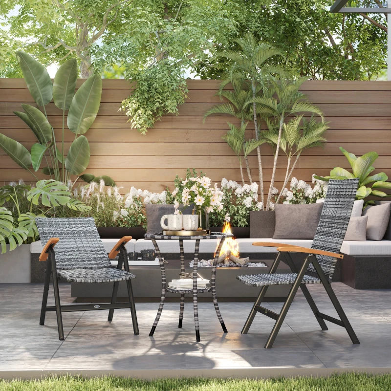 2-Piece Folding Rattan Garden Dining Chairs Set - 5-Level Reclining High Back, Wood Armrests, Outdoor Light Grey