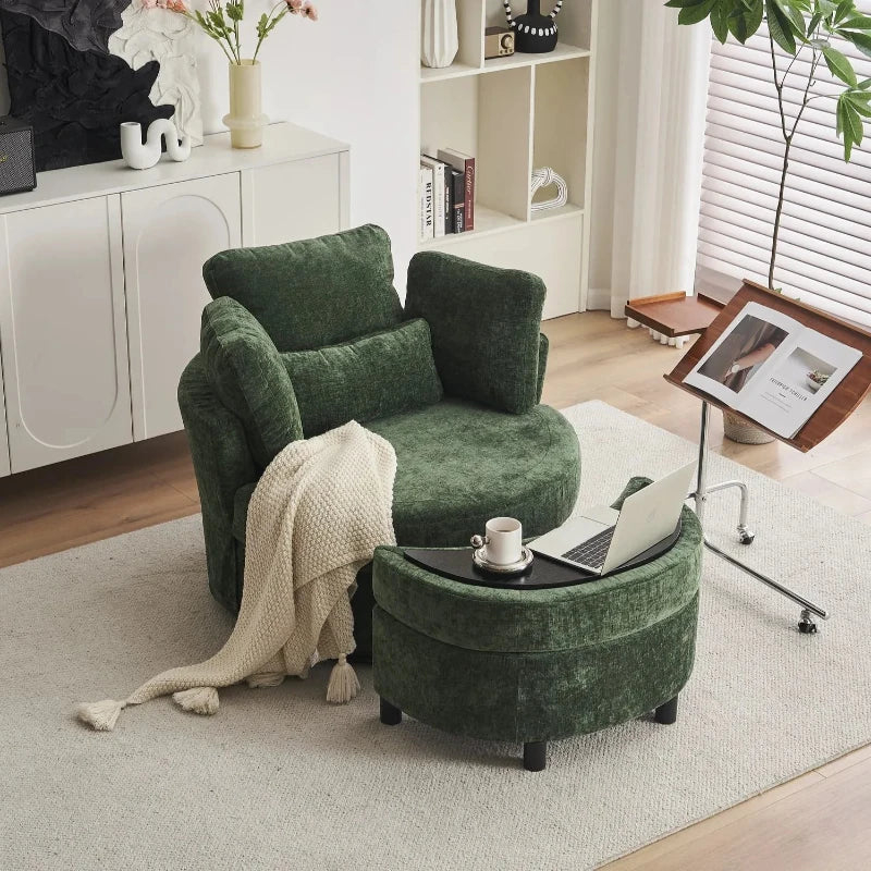 Stylish Green Chenille Swivel Armchair with Cushions and Ottoman Stool, 360° Recliner Sofa, 107L x 105W x 82H cm