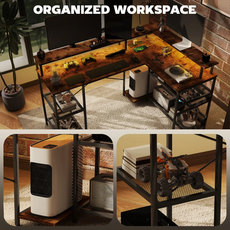 Modern LED Light 'L' Shape Computer Desk with Shelves - Stylish Brown Finish for Home Office