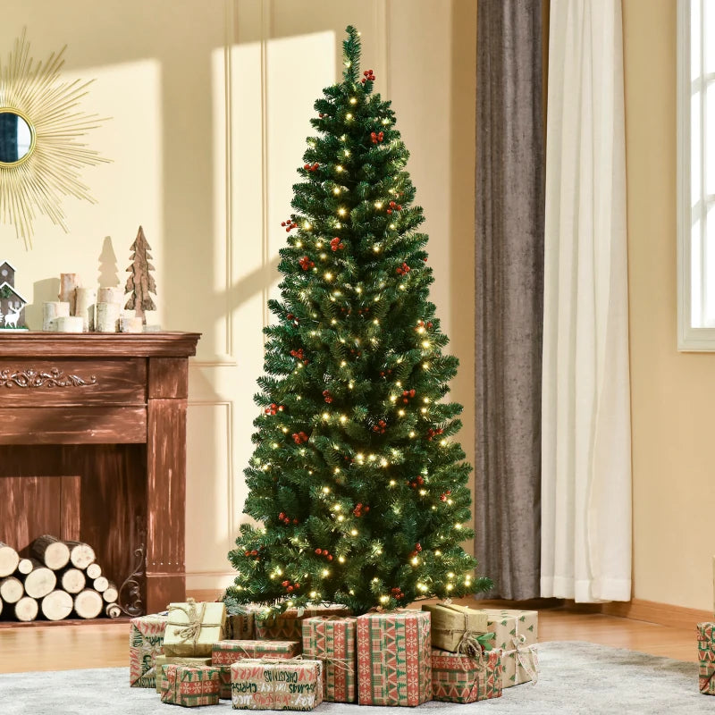 6FT Prelit Artificial Pencil Christmas Tree with Warm White LED Lights & Red Berries - Festive Holiday Home Decoration