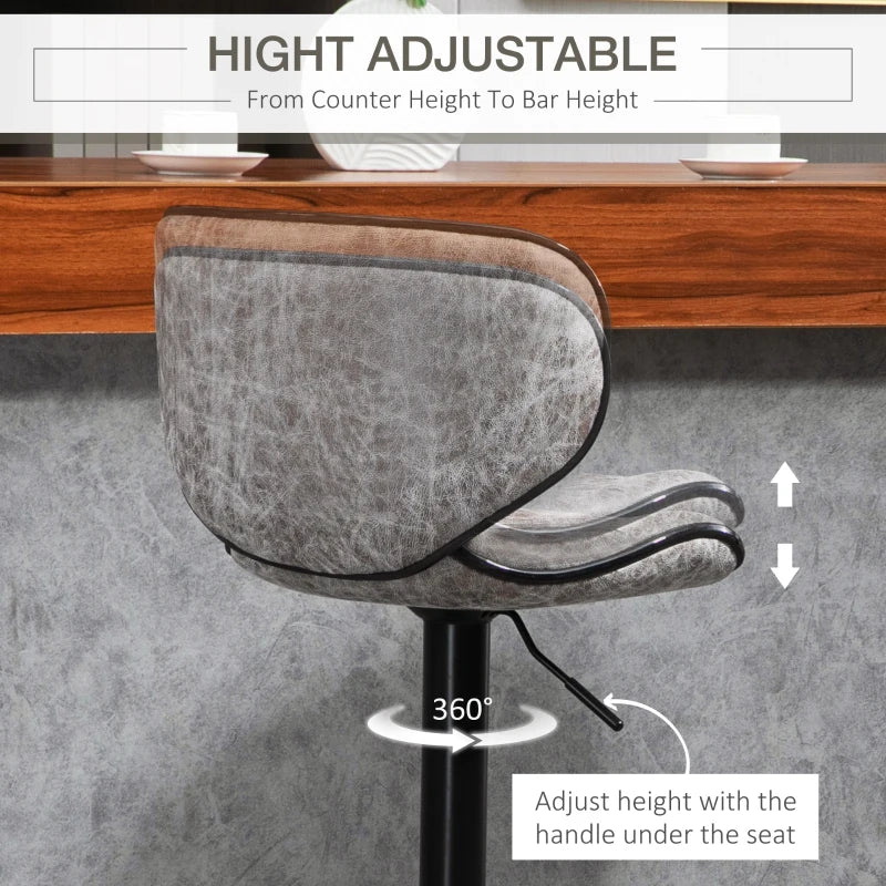 Adjustable Height Bar Stool Set of 2 - Grey Microfiber Swivel Armless Chairs for Kitchen & Dining