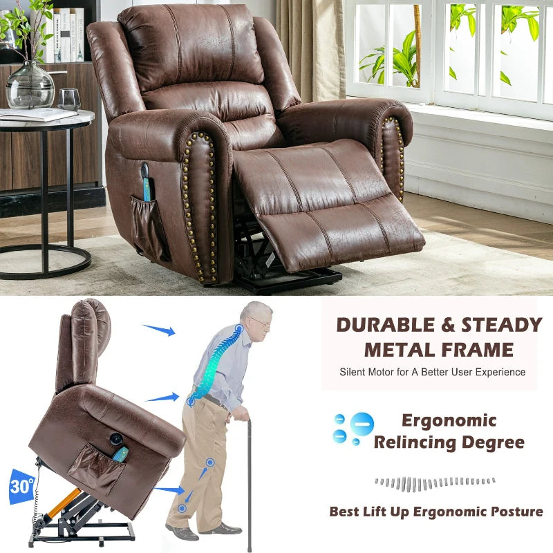Large Executive Power Lift Recliner Chair with Heating and Massage, Heavy Duty Faux Leather, USB Port, Brown