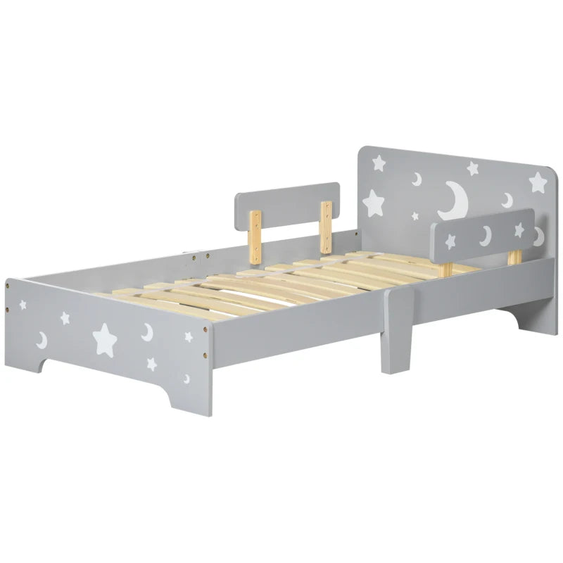 Kids Toddler Bed with Star and Moon Patterns and Side Rails for Ages 3 to 6 Years Grey