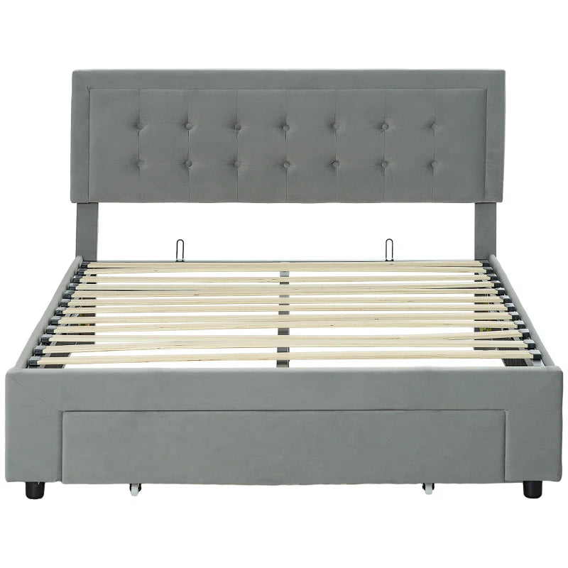 Double Size Ottoman Bed Frame with Front Drawer Stylish Grey Design 140x193.5x95cm