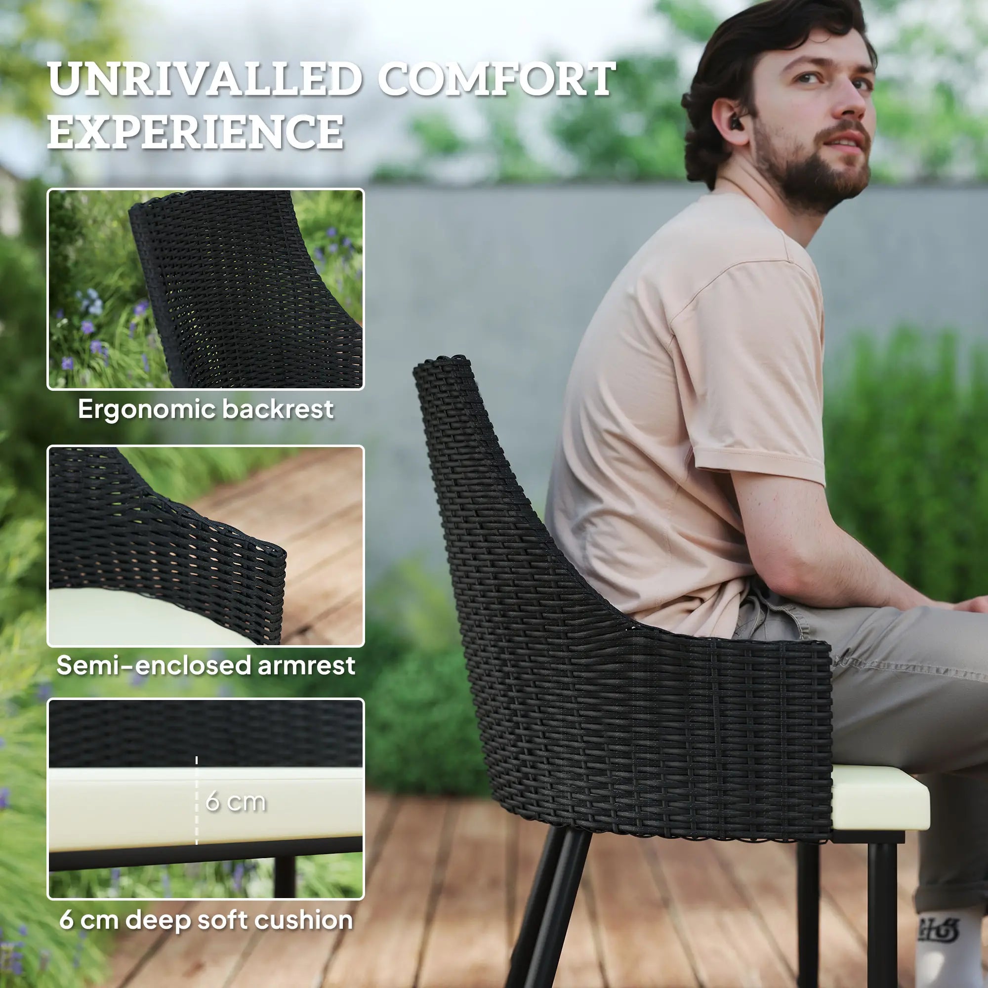 6 Seater Black & Cream White Rattan Dining Set with Cushions, Armchairs, Rectangle Slatted Table Top, Steel Frame, Parasol Hole, Wicker Outdoor Furniture for Patio