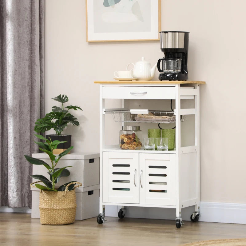 Rolling Kitchen Island Trolley Cart with Bamboo Top, Storage Cabinet, Drawer & Wire Basket - Mobile Utility Cart on Wheels