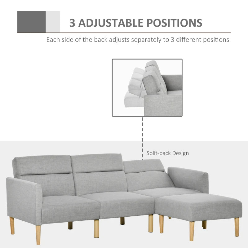 Linen Fabric L-Shaped Sofa Bed with Footstool and Rubber Wood Legs in Light Grey
