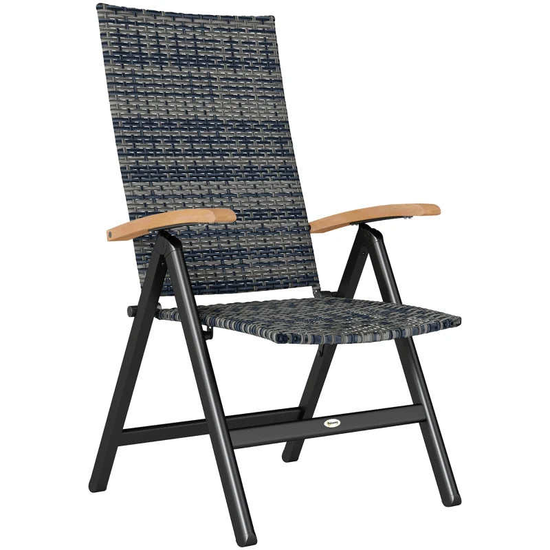 Folding Rattan Garden Dining Chair - 5-Level Reclining High Back, Wood Armrests, Outdoor Patio Furniture - Mixed Grey