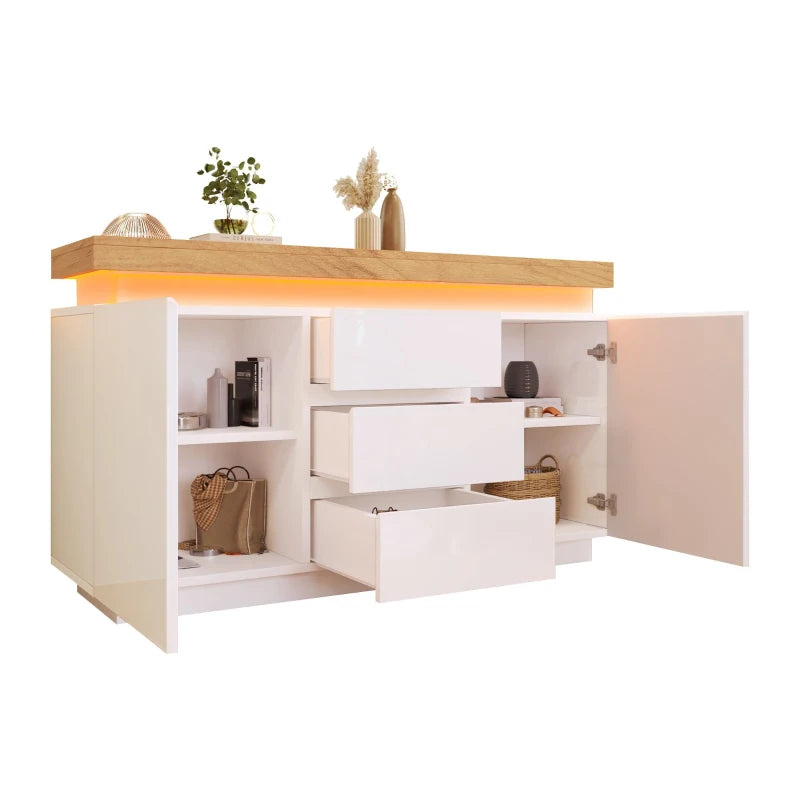 High-Gloss White Chest of Drawers with LED Lighting - 2 Doors & 3 Drawers Sideboard Cabinet, 140x39x81 cm