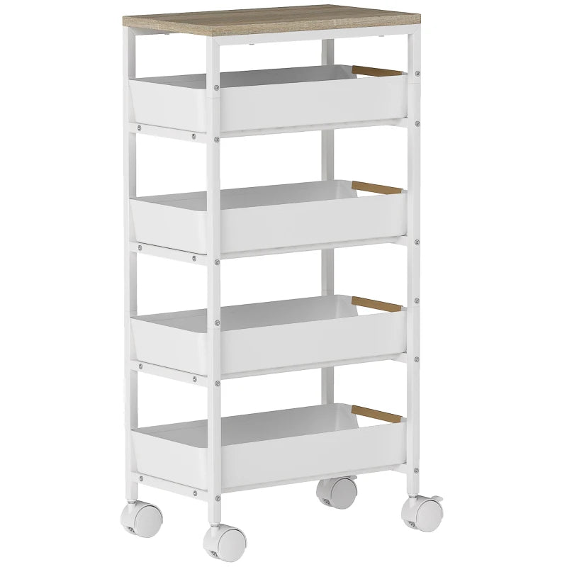 5-Tier Rolling Storage Trolley - White Multi-Functional Organizer Cart with Wheels for Home, Office, and Kitchen