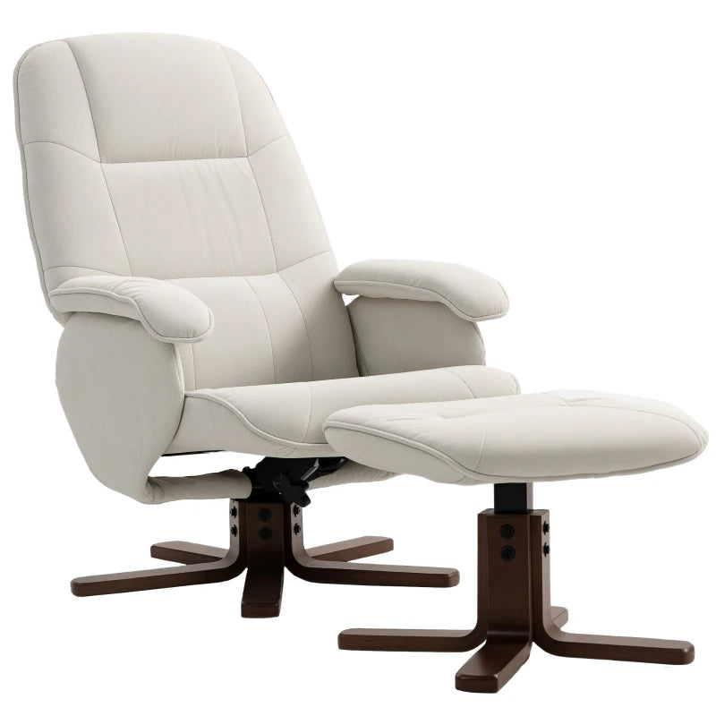 Linen Swivel Recliner Chair with Footstool Upholstered Reclining Armchair with Wooden Base for Living Room Beige