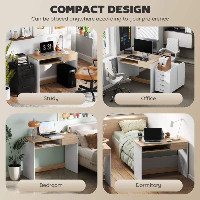 100cm Compact Oak Computer Desk with Keyboard Tray & Drawer - Ideal Home Office & Bedroom Study Furniture