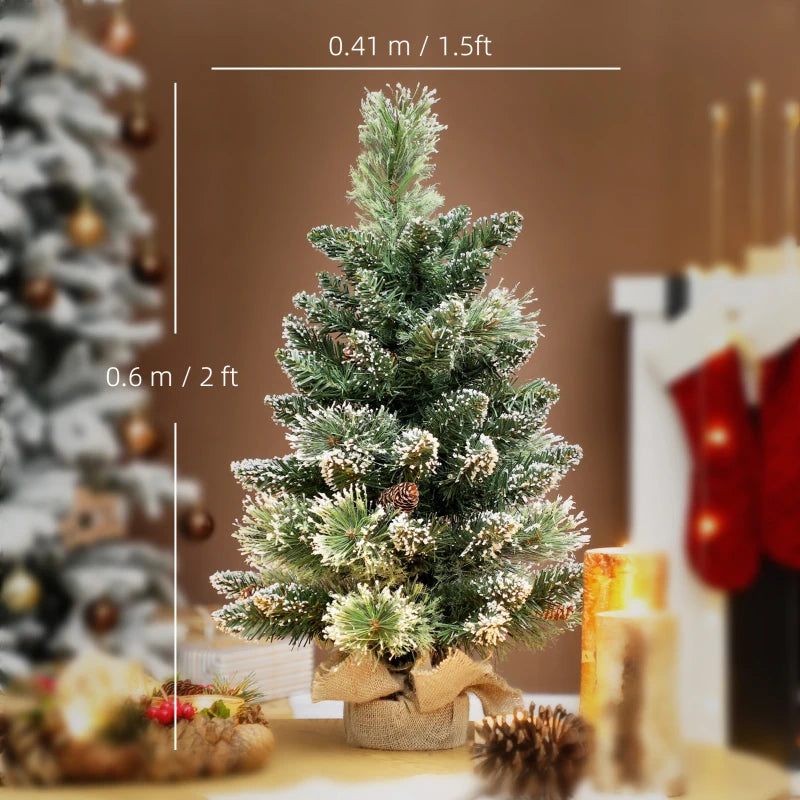 60 cm Prelit Snow Flocked Mini Christmas Tree with 35 LED Lights, Pine Cones, Linen Base - Battery Operated Green Tabletop Decor