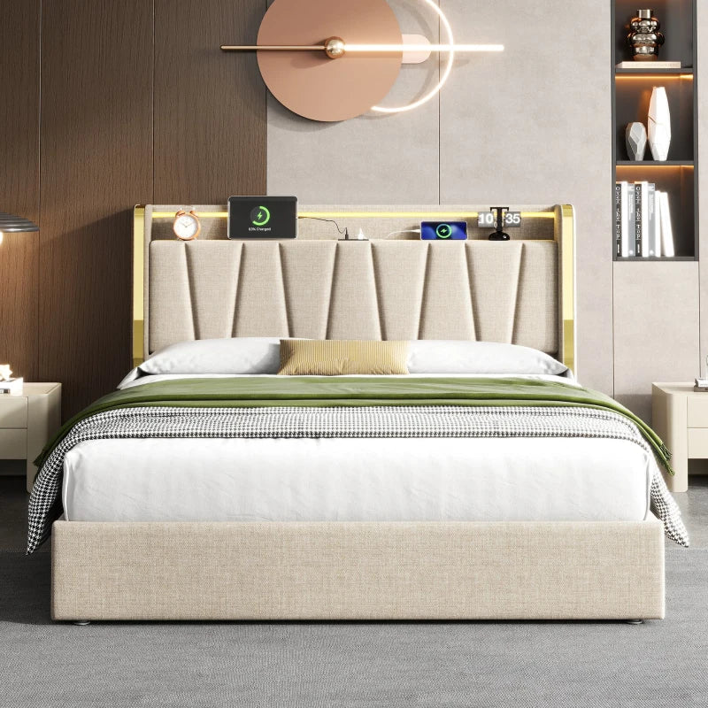 Double Upholstered Bed Frame with Hydraulic Storage and LED Headboard USB Type-C Charging Beige
