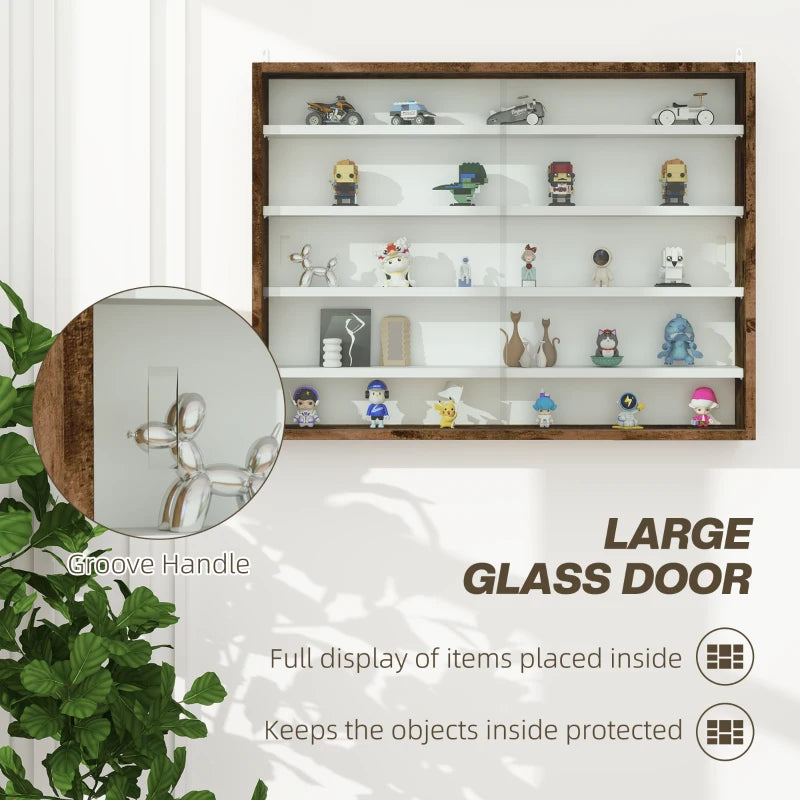 Rustic 5-Tier Wall Display Shelf Unit with 4 Adjustable Glass Doors - 60x80cm Home Office Ornaments Storage