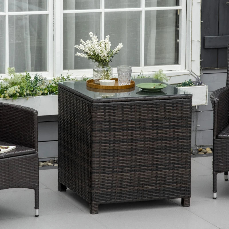 Brown Rattan Patio Side Table with Tempered Glass Top