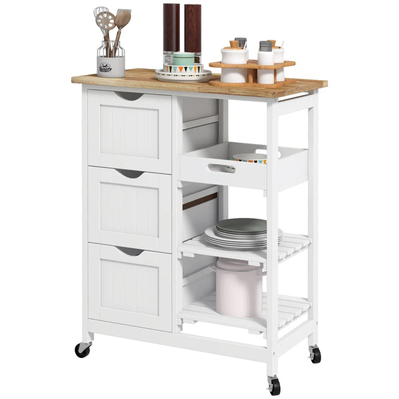 Rolling Kitchen Island Cart with Wood Top, Compact Bar Serving Trolley on Wheels, Shelves & Drawers for Home Dining - White