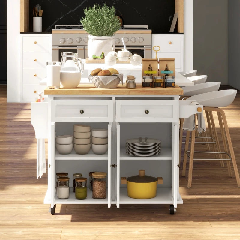 Rolling Kitchen Island Storage Trolley with Rubber Wood Top & Drawers - Cream White Dining Room Cart