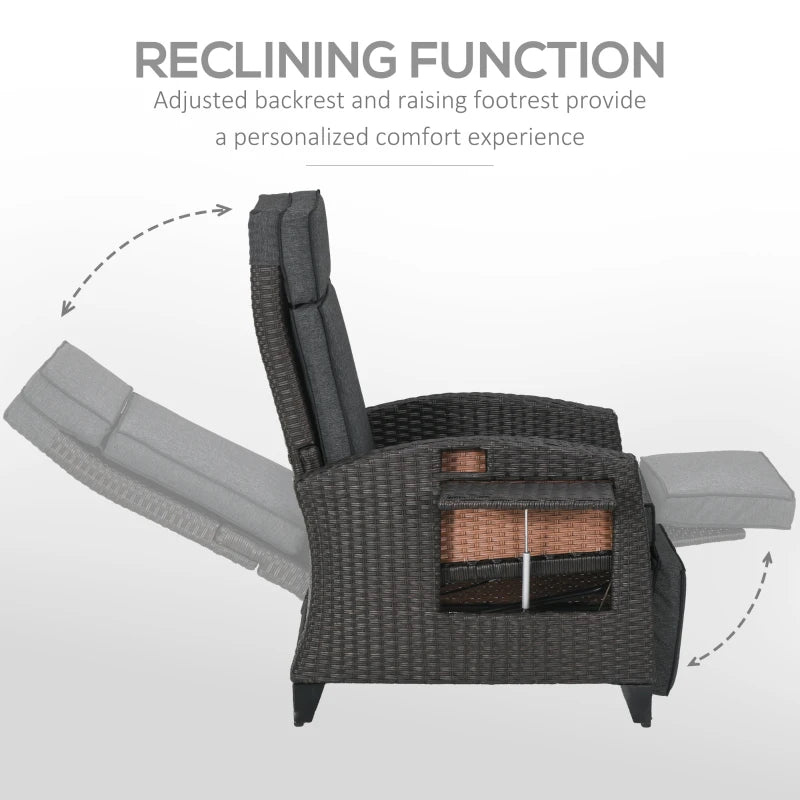 Grey Outdoor Recliner Chair with Adjustable Backrest, Footrest, Cushion, and Side Tray