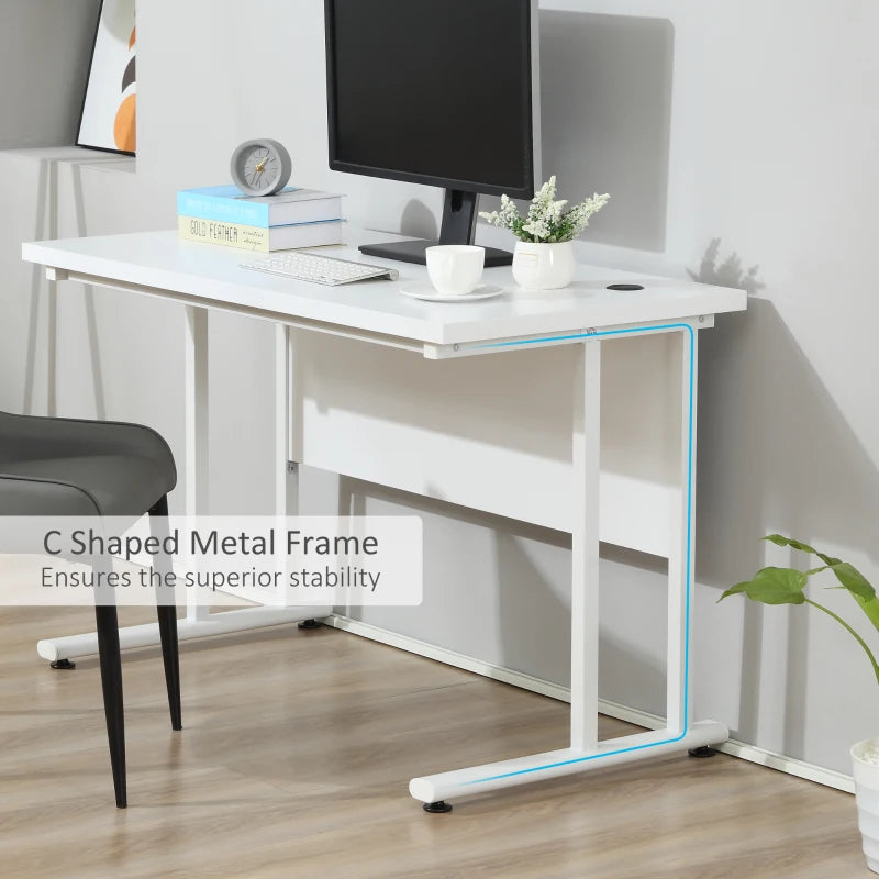 Modern White Computer Desk for Home Office - 120x60x75cm Writing Table with Cable Management & C Shaped Metal Legs