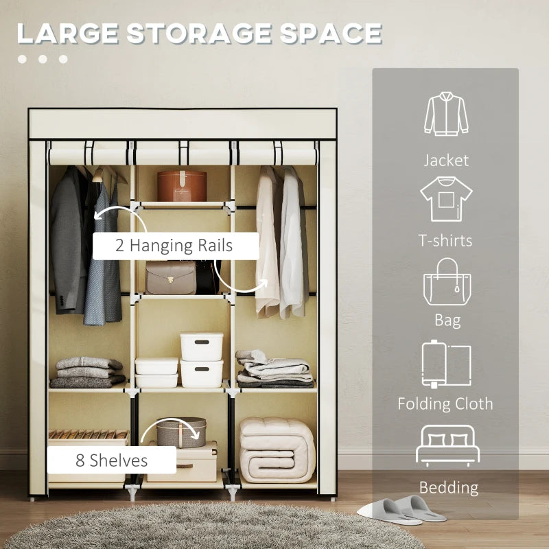 Stylish Cream White Fabric Wardrobe with Rails and Shelves for Organized Storage