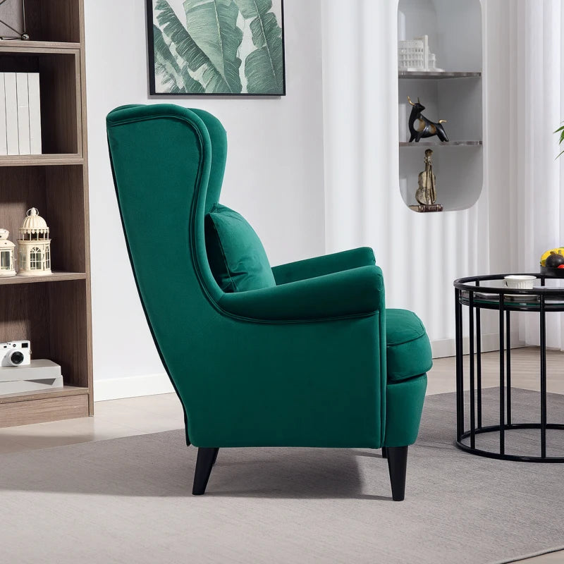 Stylish Upholstered Wingback Armchair with High Backrest and Pillow for Living Room or Bedroom, Dark Green Velvet