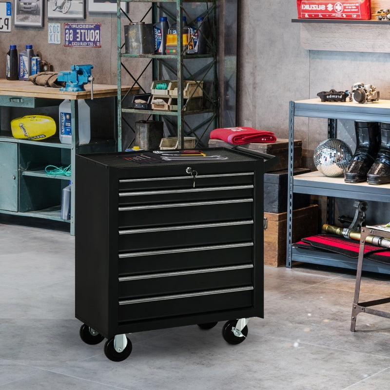 Black 7-Drawer Rolling Tool Chest on Wheels - Fully Lockable Tool Cabinet with Side Handle