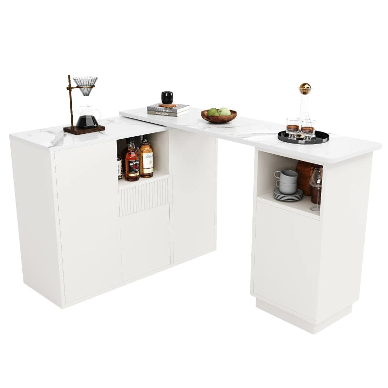 360° Swiveling Bar Table with Marble Top & Open Storage - Stylish Kitchen & Living Room Furniture, 198.5L x 30W x 72.5H cm, White