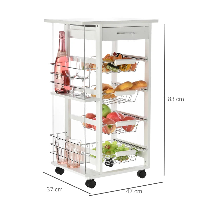 Rolling Kitchen Cart with 4 Basket Drawers & Side Racks - Mobile Utility Storage Cart on Wheels for Dining Room - White