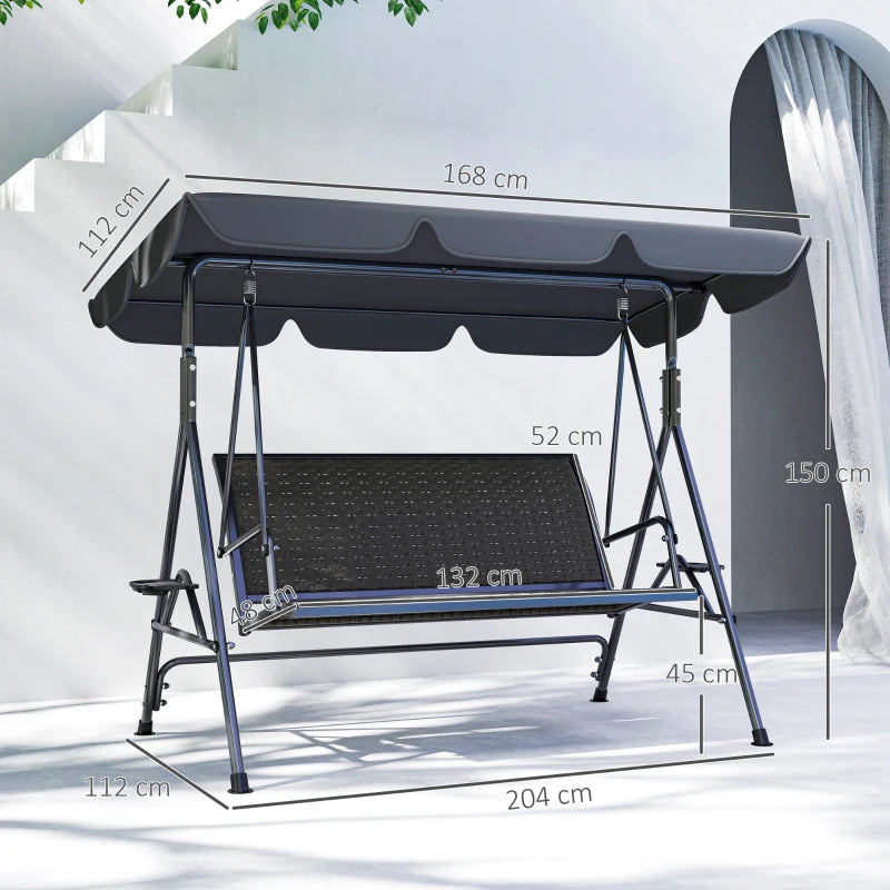 3 Seater Garden Swing Chair with Adjustable Canopy, Rattan Seat & Steel Frame, Grey