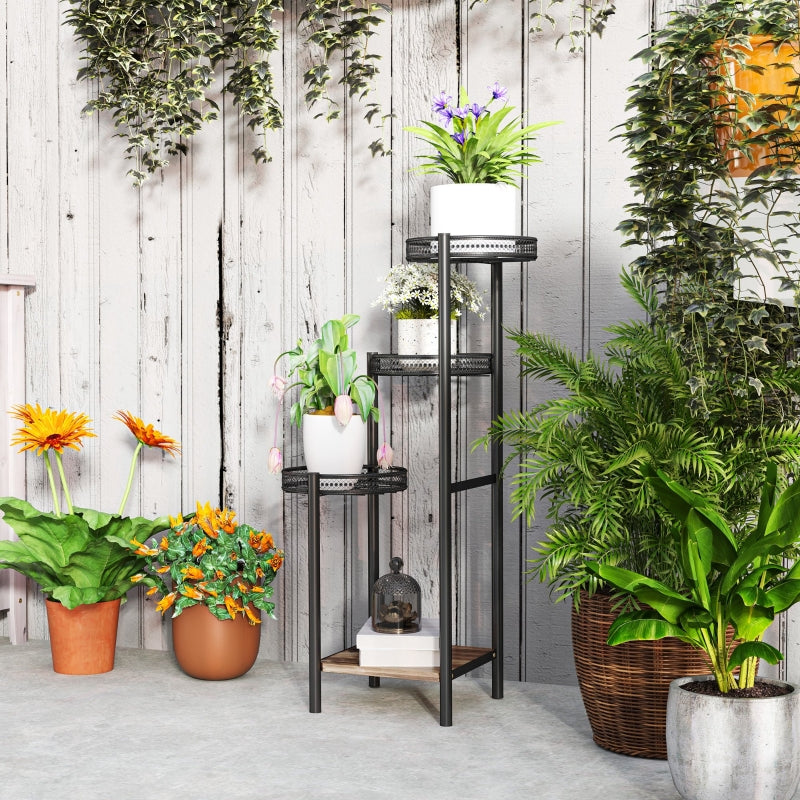 Four-Tier Black Steel Plant Stand - 4-Tier Indoor/Outdoor Flower Shelf
