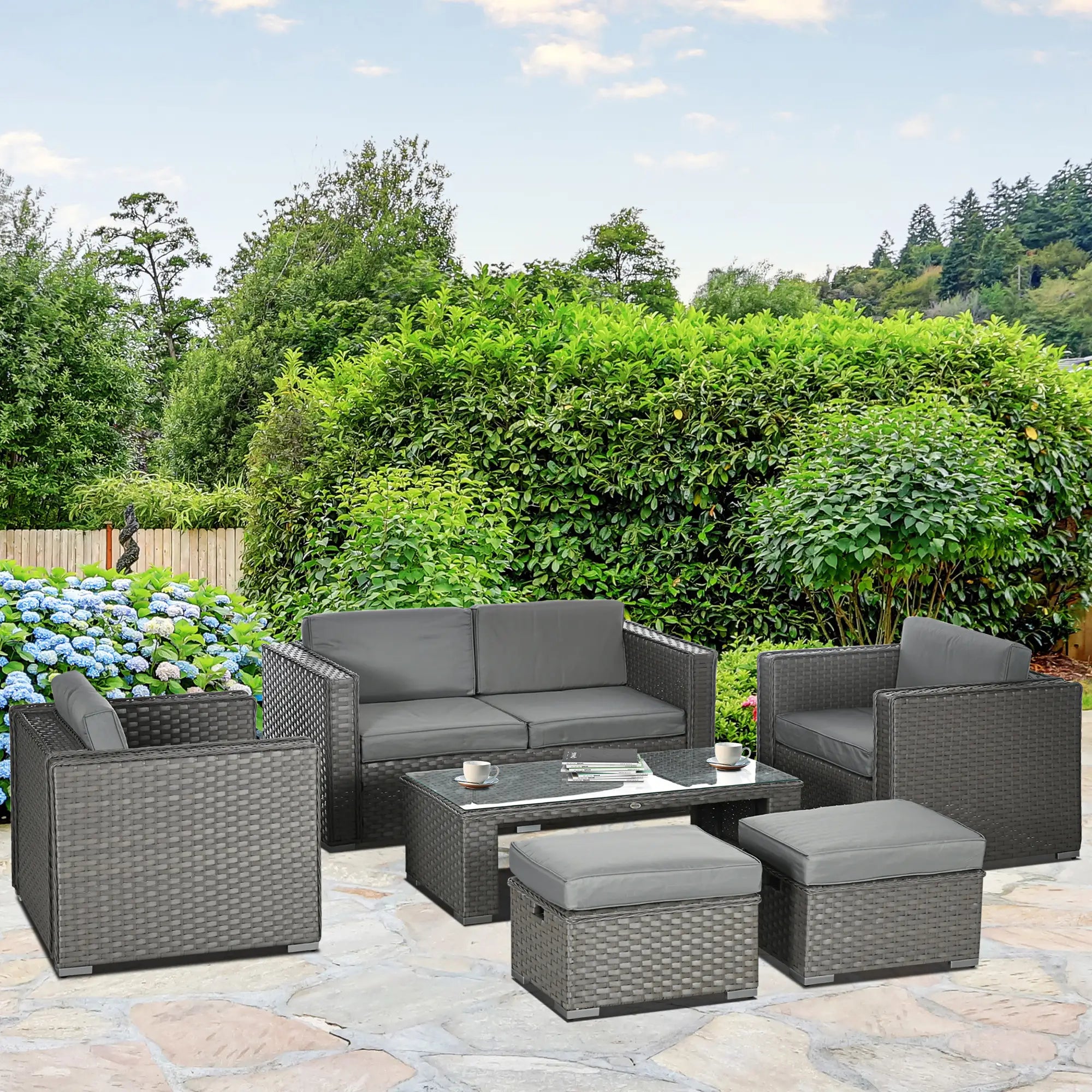 Grey 6 Piece Rattan Sofa Set With Loveseat Stool
