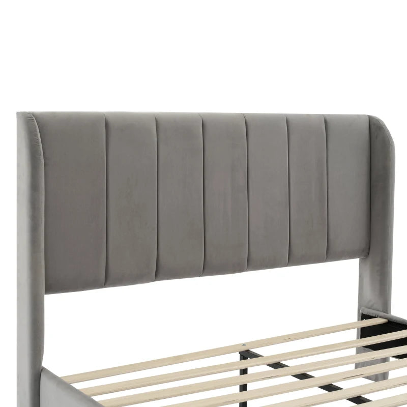 Double Upholstered Bed with Soft Backrest - Vertical Stripe Design, Metal Frame, Gray - 202L x 149W x 103H cm
