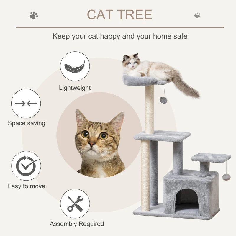 Light Grey Cat Tree Tower 114cm - Indoor Climbing Activity Centre for Kittens with Scratching Post, Perch & Hanging Ball
